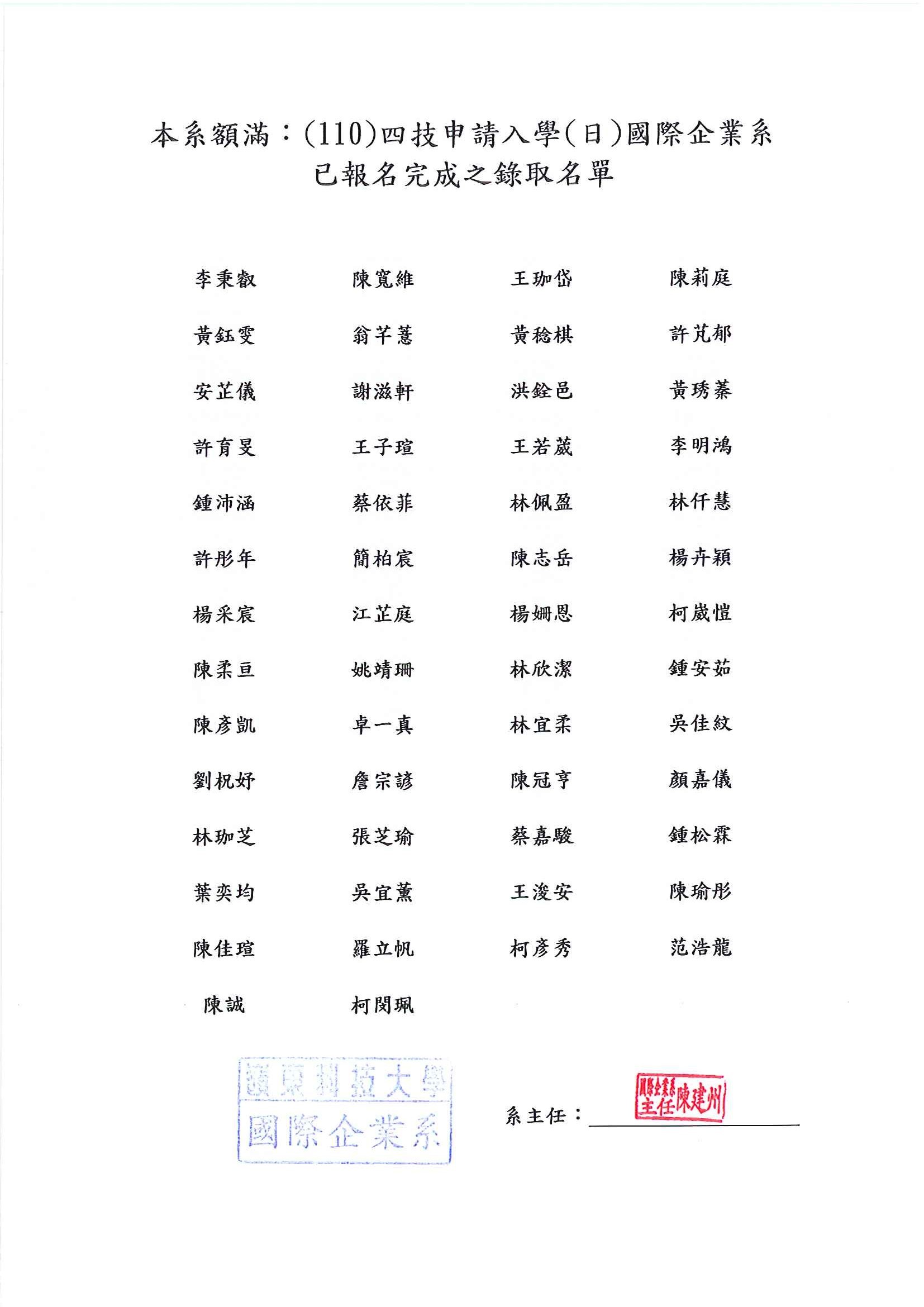 申請入學已報到完成之錄取名單