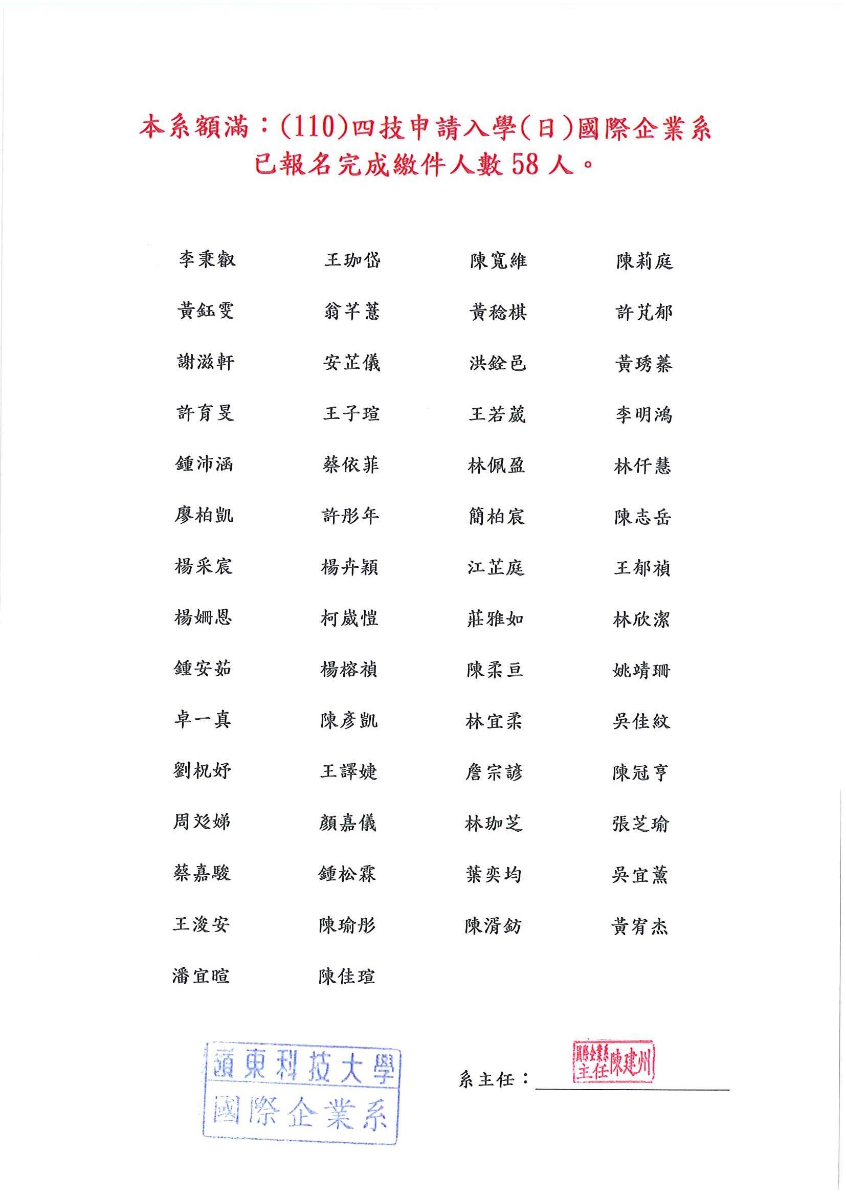 本系額滿：(110)四技申請入學(日)國際企業系 已報名完成繳件人數58人。
